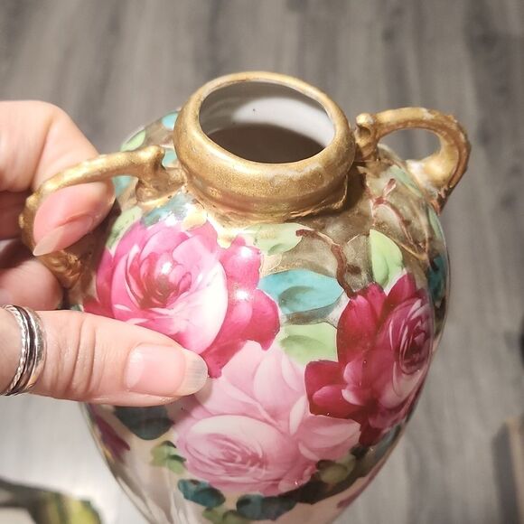 Vintage Nippon Pink Rose Dbl Handle Hand Painted Vase - Picture 3 of 6